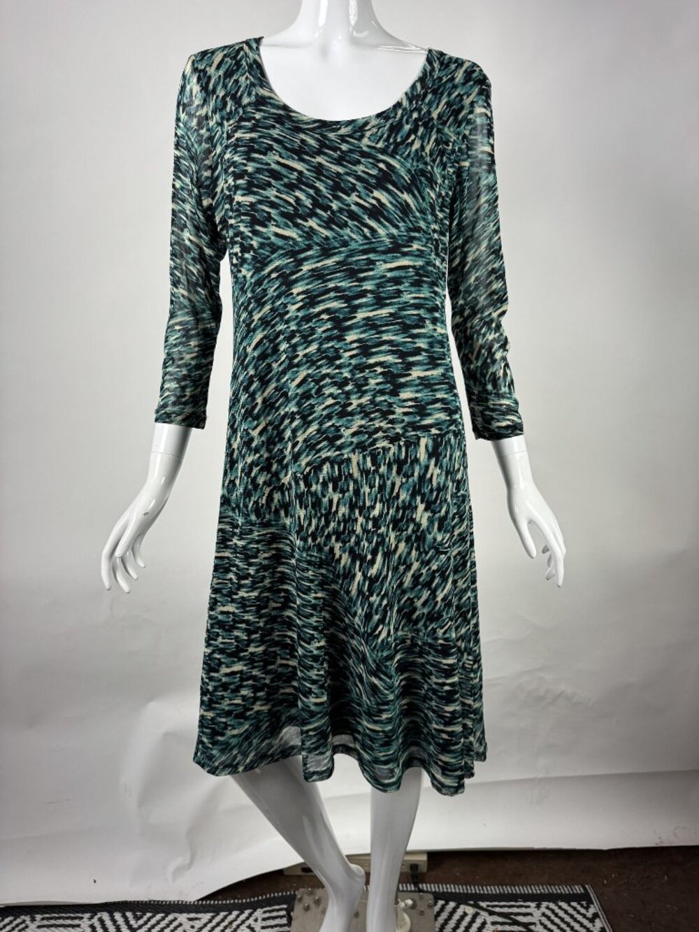 Karen Kane Womens XL Teal & Black Abstract Print Dress With 3/4 Sleeves